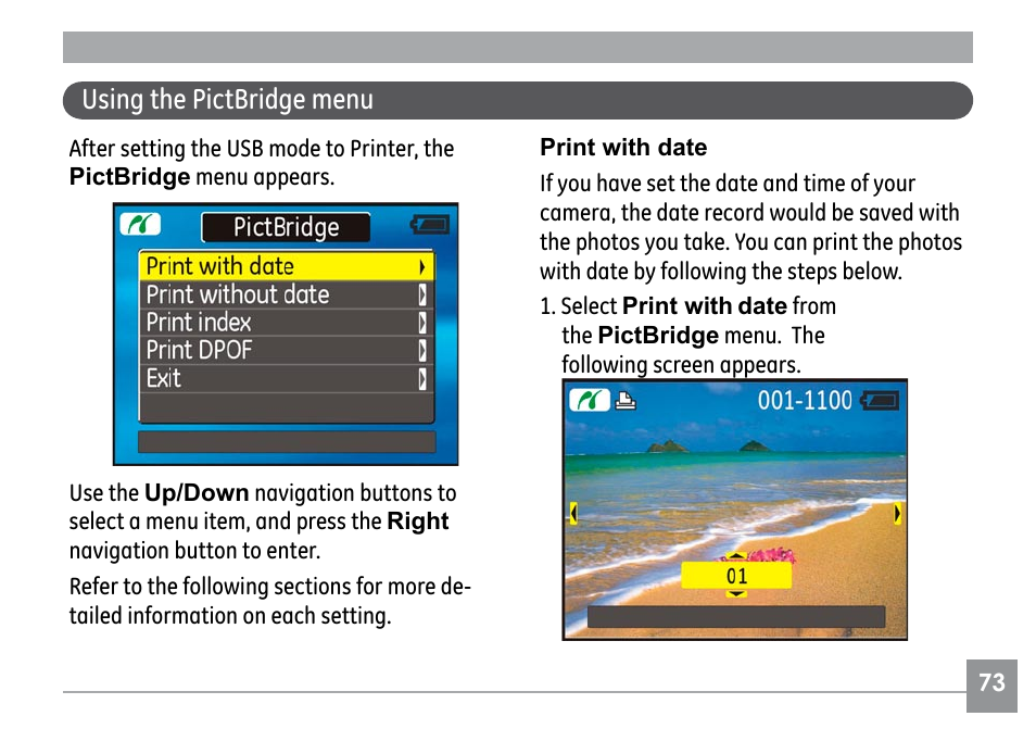 Using the pictbridge menu | GE H855 User Manual | Page 77 / 90