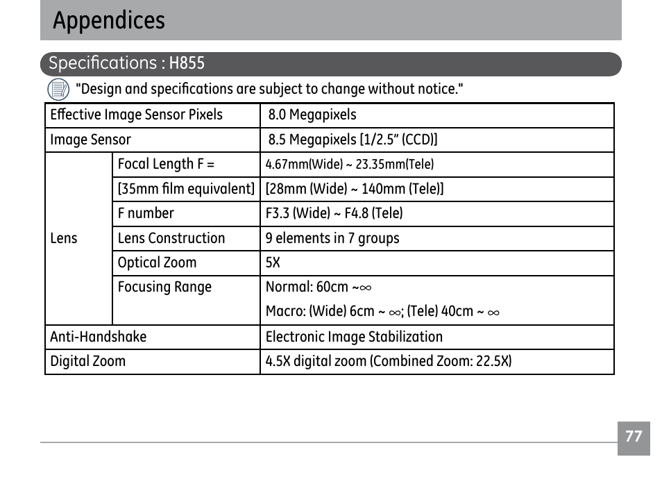Appendices | GE H855 User Manual | Page 81 / 90