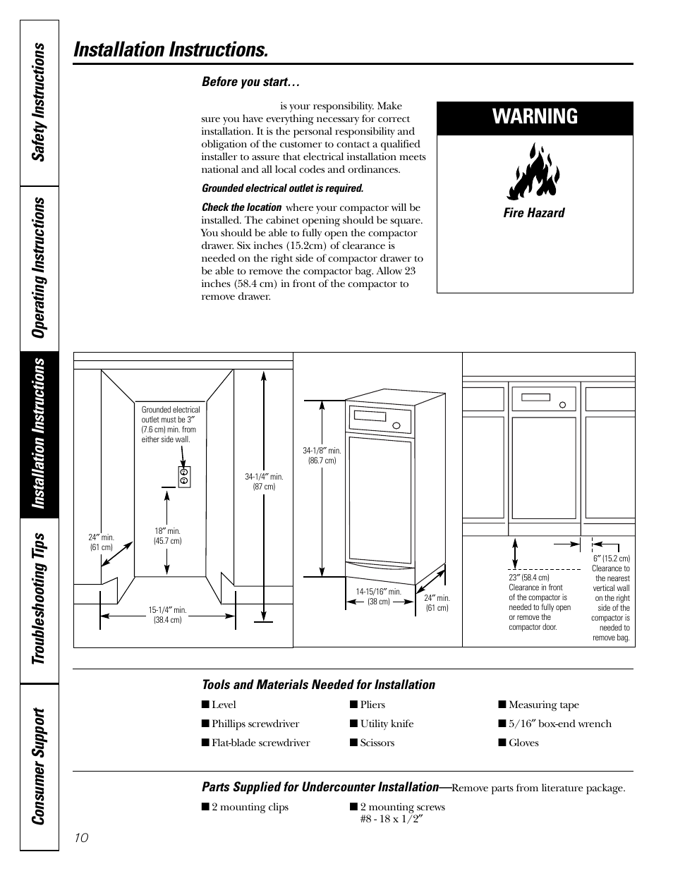 Before you start, Installation instructions, Warning | GE GCG1540 User Manual | Page 10 / 20