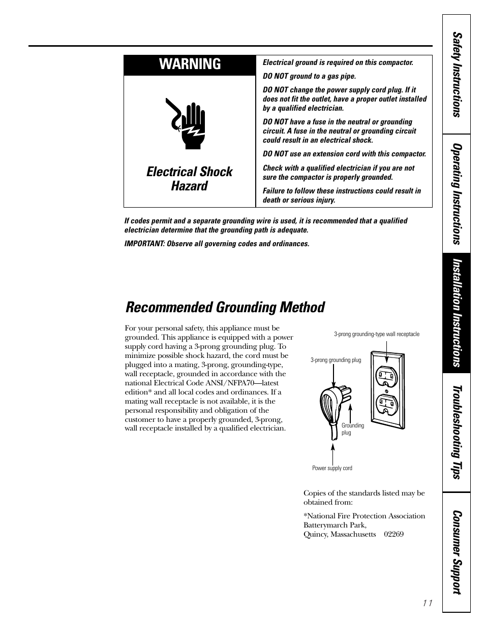 Warning, Recommended grounding method, Electrical shock hazard | GE GCG1540 User Manual | Page 11 / 20