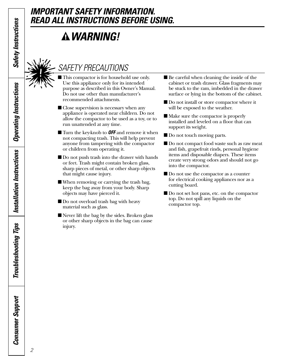 Safety instructions, Warning, Safety precautions | Operating instructions | GE GCG1540 User Manual | Page 2 / 20