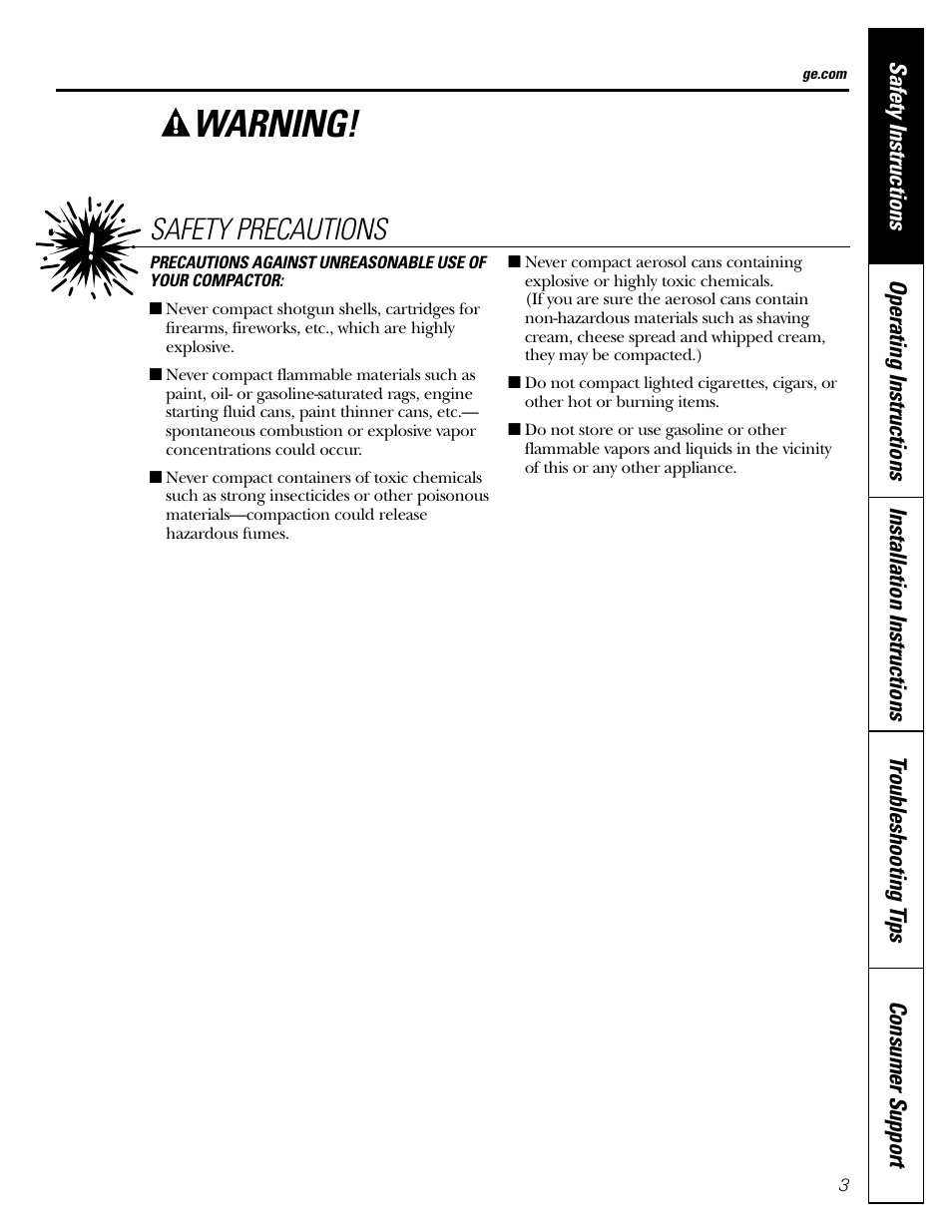 Warning, Safety precautions | GE GCG1540 User Manual | Page 3 / 20