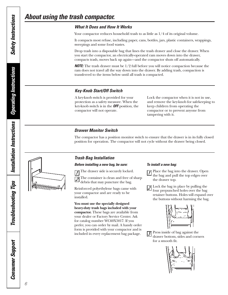 Trash bag installation, Using the compactor, Trash bag installation using the compactor | About using the trash compactor | GE GCG1540 User Manual | Page 6 / 20