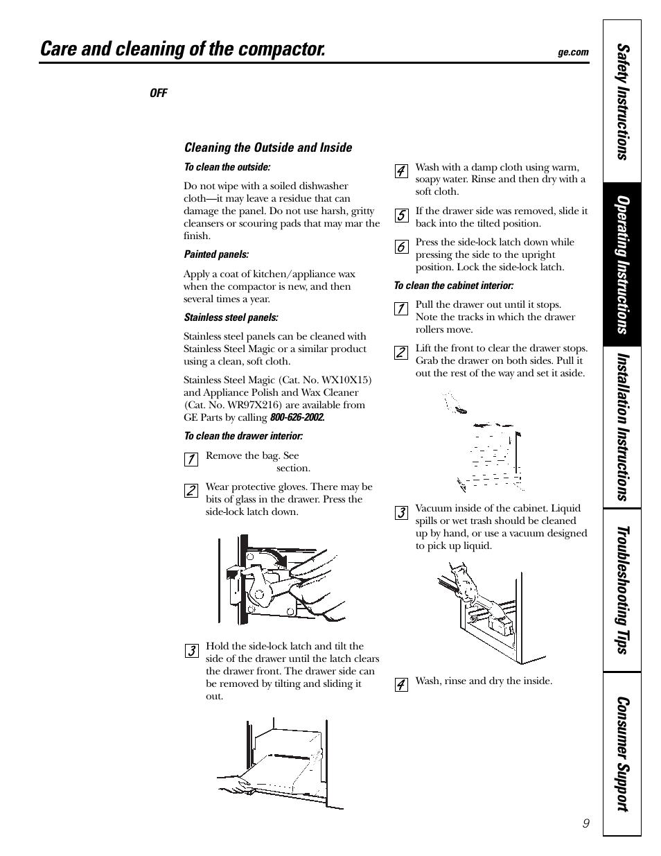 Cleaning the outside and inside, Care and cleaning of the compactor | GE GCG1540 User Manual | Page 9 / 20