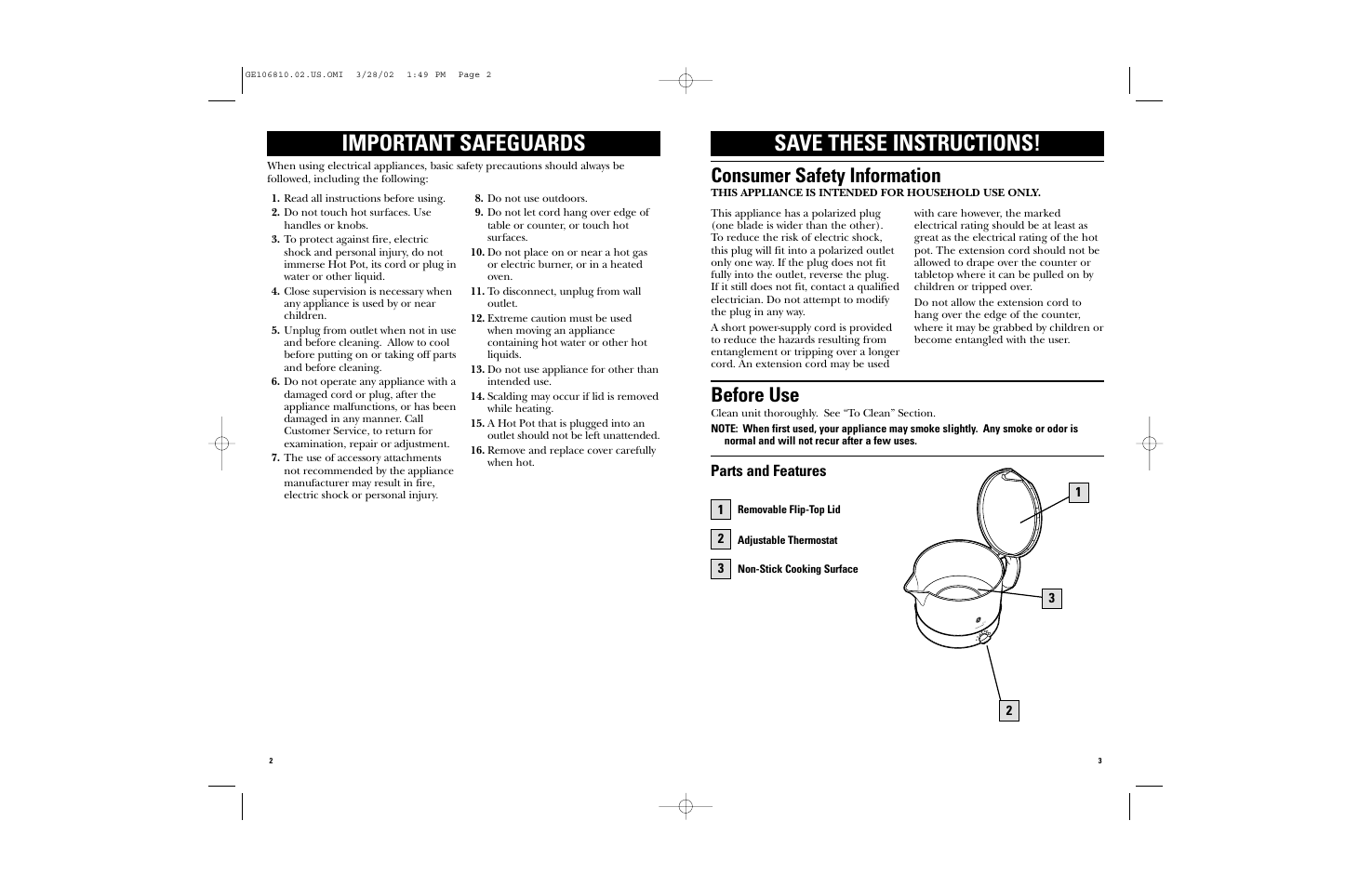 Important safeguards, Save these instructions, Consumer safety information | Before use, Parts and features | GE 106810 User Manual | Page 2 / 7