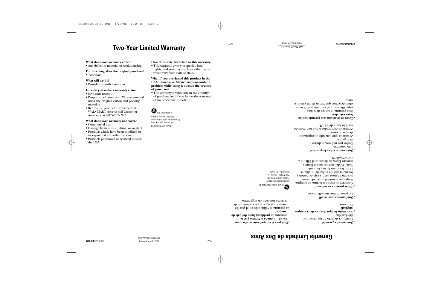 Two-year limited warranty, Garantía limitada de dos años | GE 106810 User Manual | Page 4 / 7