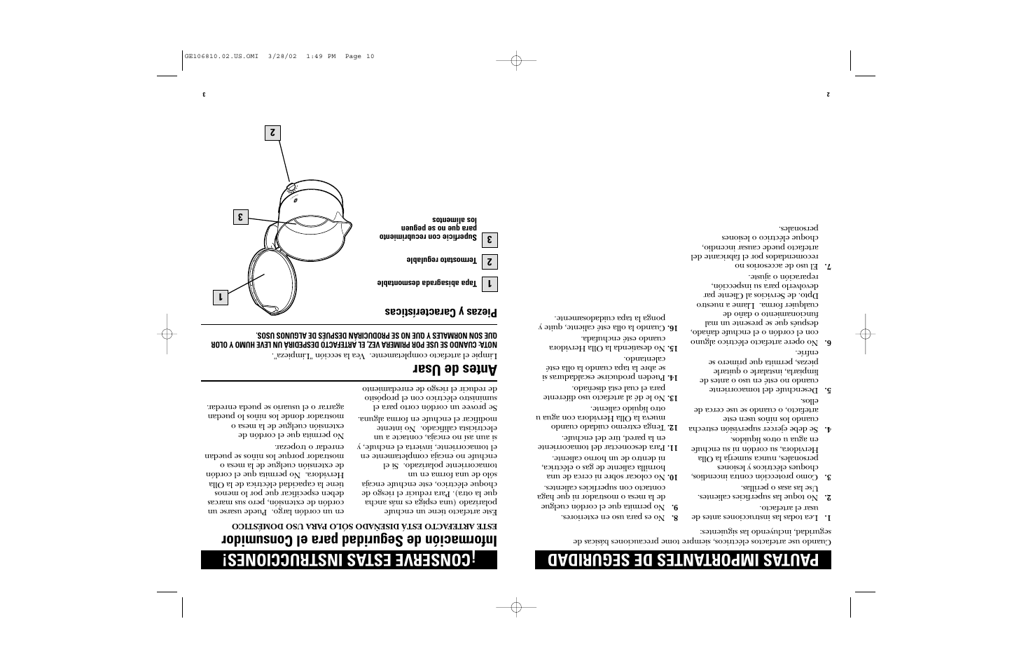 Paut as importantes de seguridad, Conserve estas instrucciones, Información de seguridad para el consumidor | Antes de usar, Piezas y características | GE 106810 User Manual | Page 6 / 7