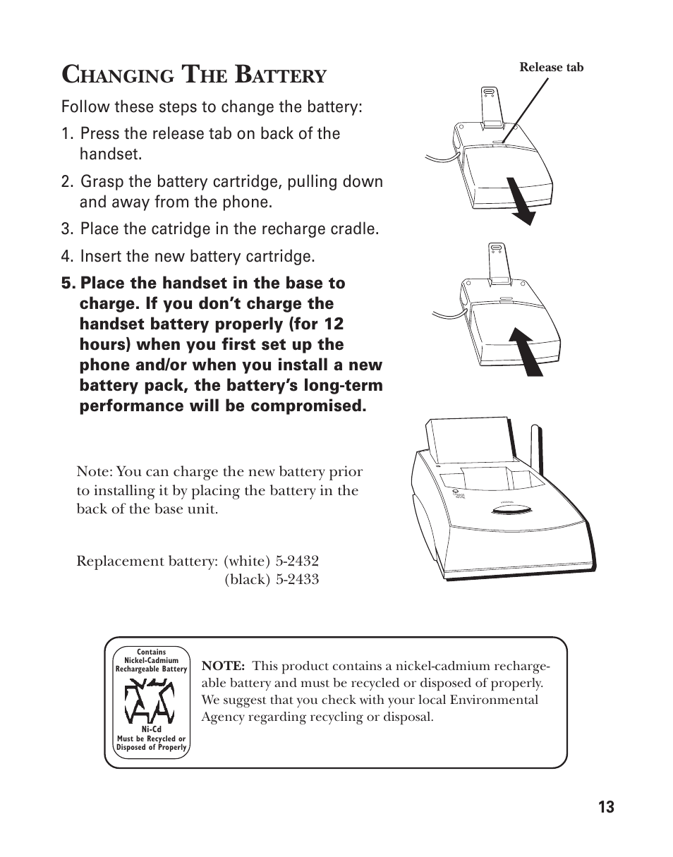 Battery information, Battery safety precautions, Changing the battery | Hanging, Attery | GE 2-9917 User Manual | Page 13 / 20