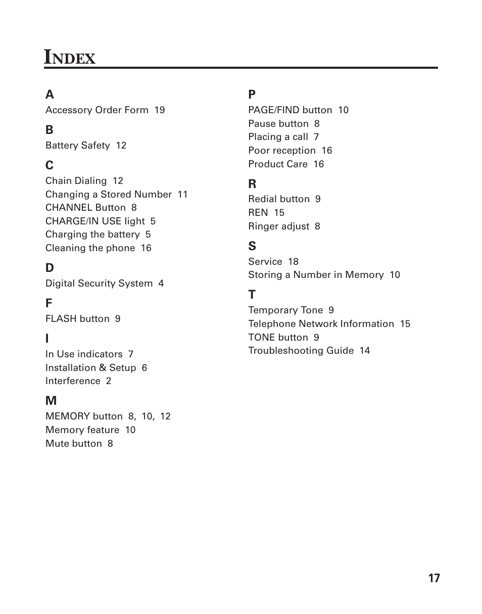 Ndex | GE 2-9917 User Manual | Page 17 / 20