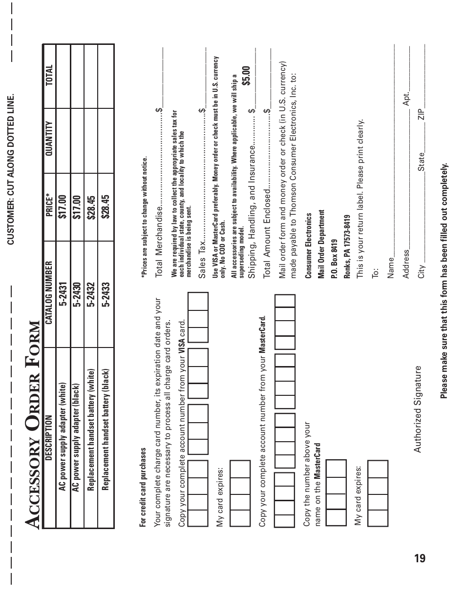 Accessory order form, Ccessor y, Rder | GE 2-9917 User Manual | Page 19 / 20