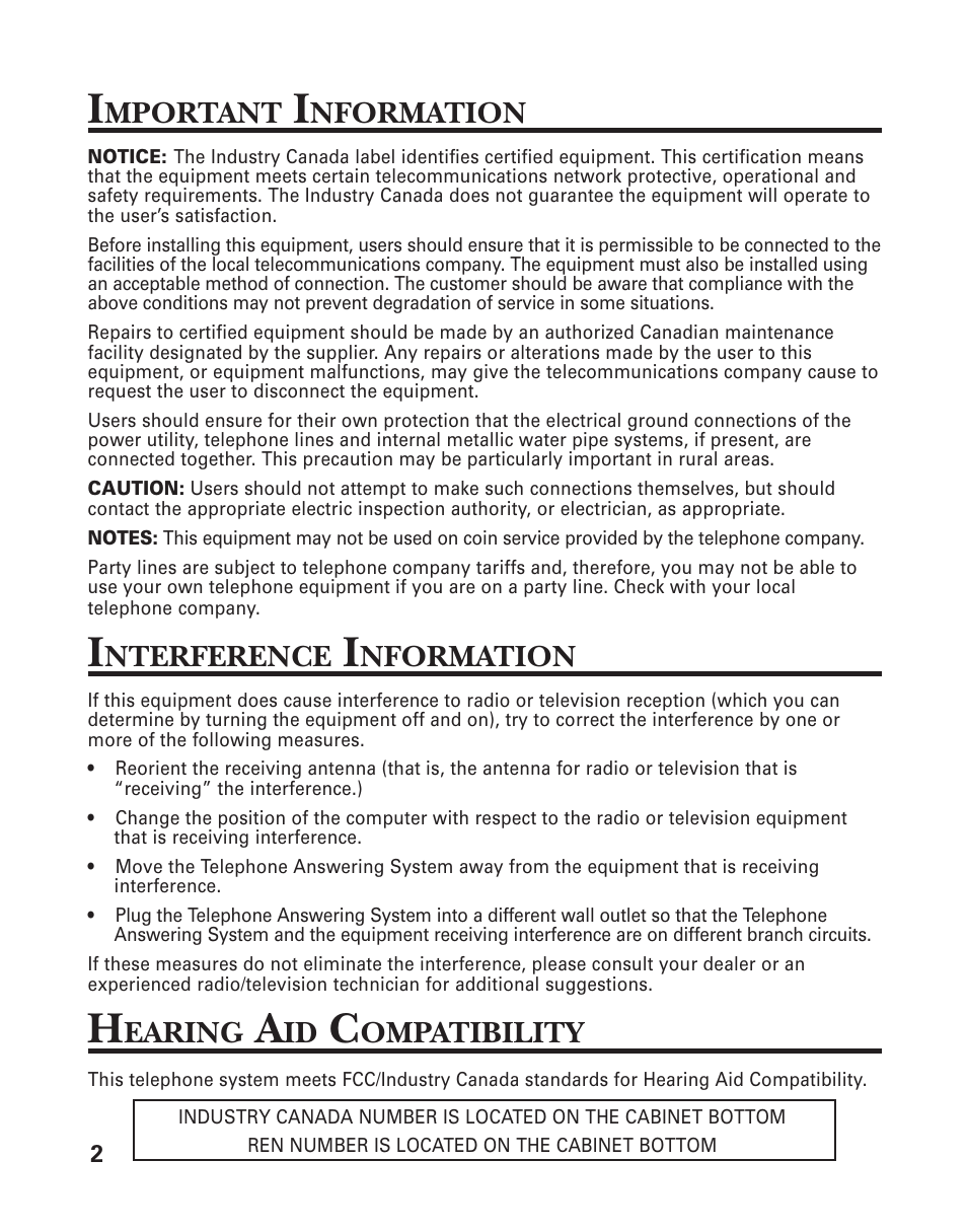 Introduction, Mportant, Nformation | Nterference, Earing, Ompatibility | GE 2-9917 User Manual | Page 2 / 20