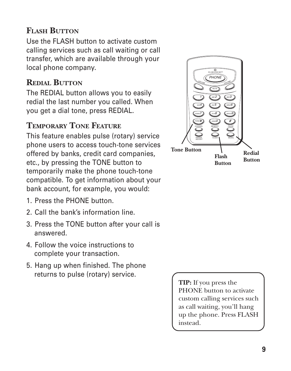 Flash button, Redial button, Temporary tone feature | Lash, Utton, Edial, Emporary, Eature, Flash button tone button redial button | GE 2-9917 User Manual | Page 9 / 20