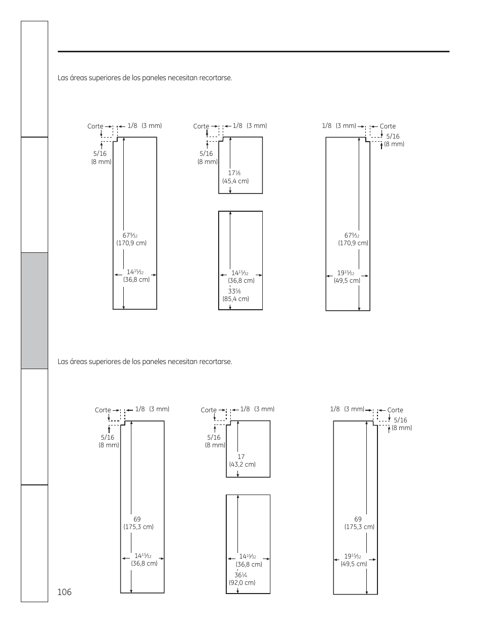 Molduras y paneles decorativos, 23‘ dimensiones de los paneles precortados, 25‘ dimensiones customstyle | De los paneles precortados | GE 200D8074P050 User Manual | Page 106 / 132