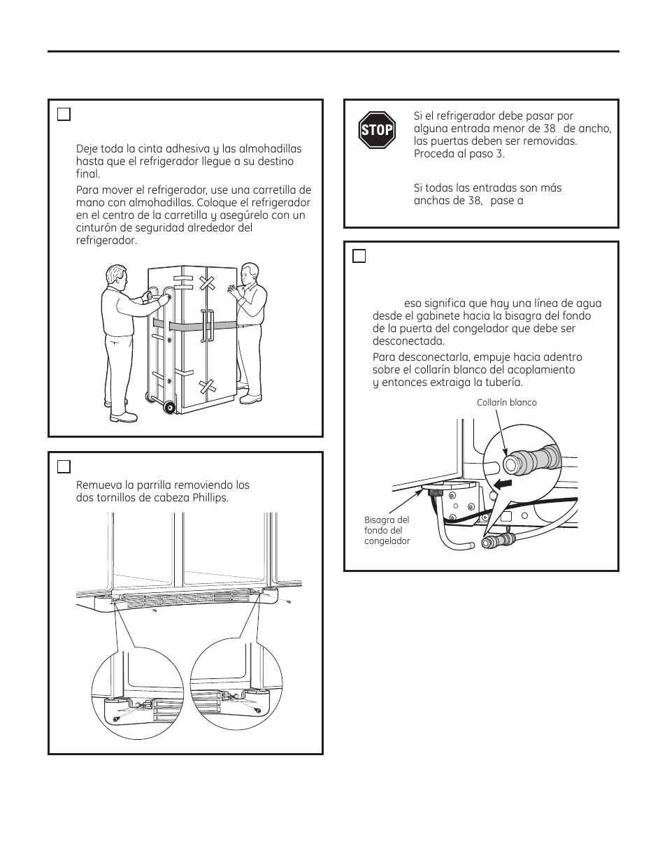 Cómo mover el refrigerador, Instrucciones para la instalación, Remueva la base de la parrilla | GE 200D8074P050 User Manual | Page 110 / 132