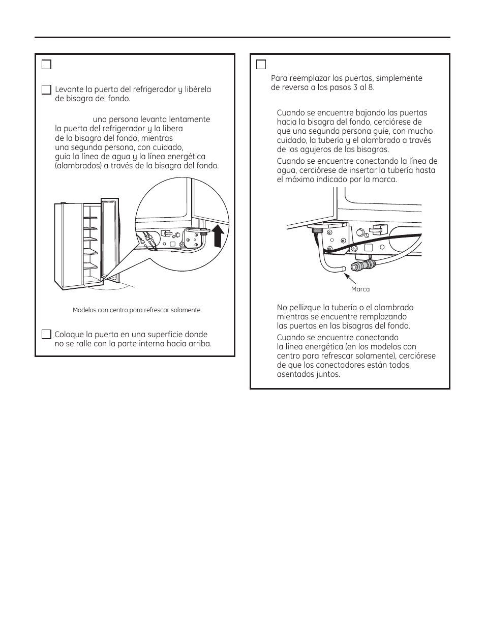 Instrucciones para la instalación, Remueva la puerta del refrigerador (cont.), Cómo reemplazar las puertas | GE 200D8074P050 User Manual | Page 113 / 132