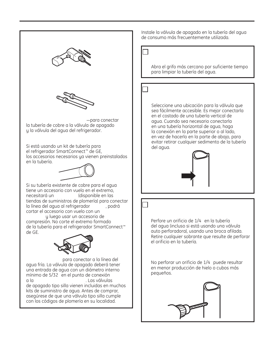 Instrucciones para la instalación, Cierre el suministro principal de agua, Seleccione la ubicación de la válvula | Perfore el orificio para la válvula, Qué necesita (cont.) | GE 200D8074P050 User Manual | Page 119 / 132