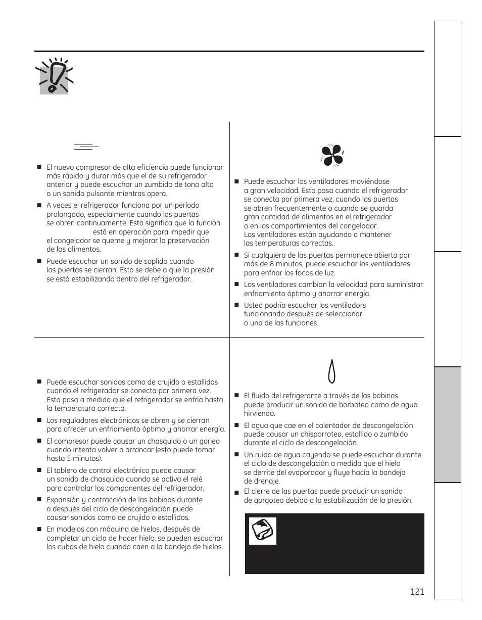 Solucionar problemas, Sonidos normales de operación, Chasquidos, estallidos, crujido, gorjeos | Sonidos de agua, Whir | GE 200D8074P050 User Manual | Page 121 / 132