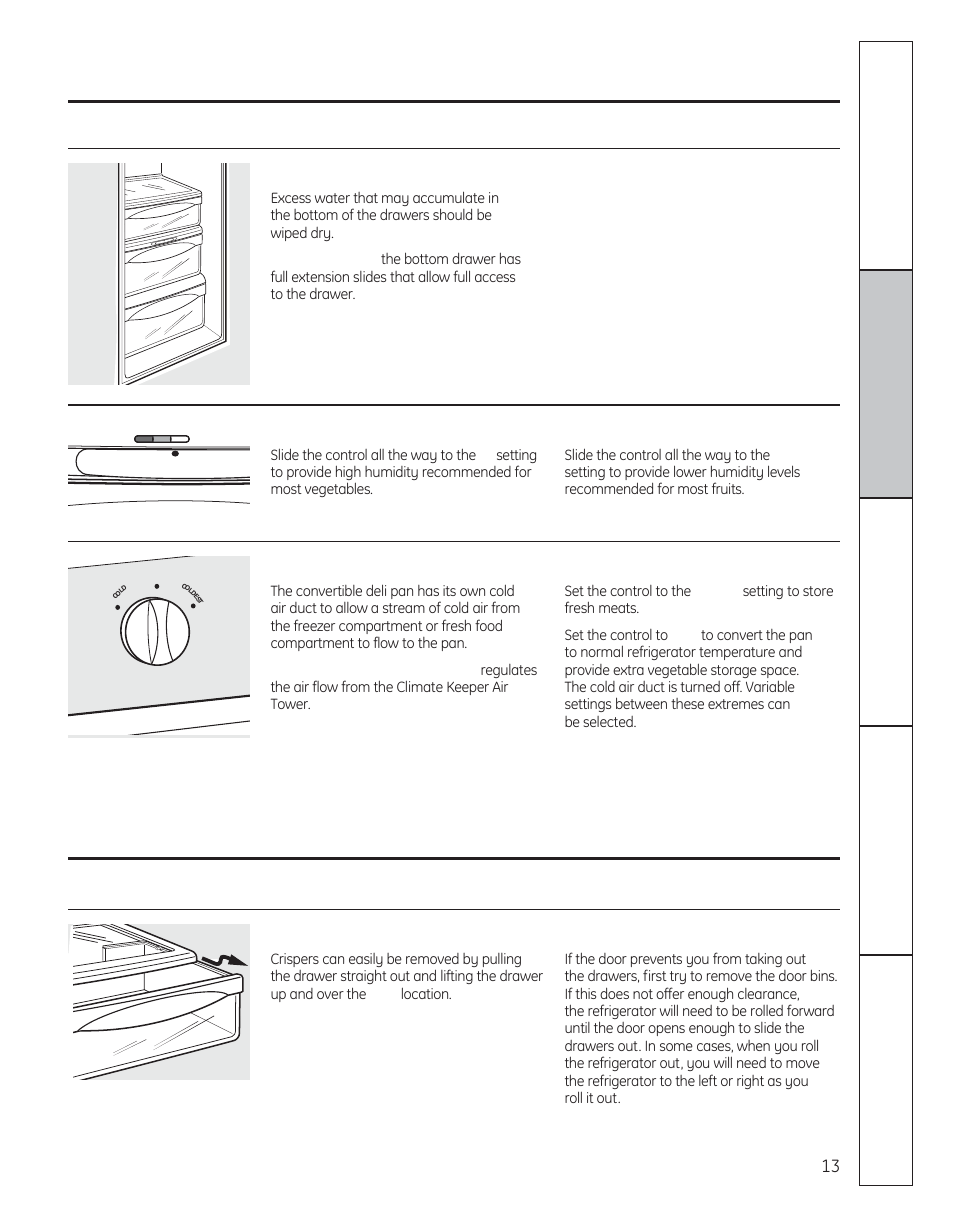 Crispers and pans, About the crispers and pans, About crisper removal | GE 200D8074P050 User Manual | Page 13 / 132