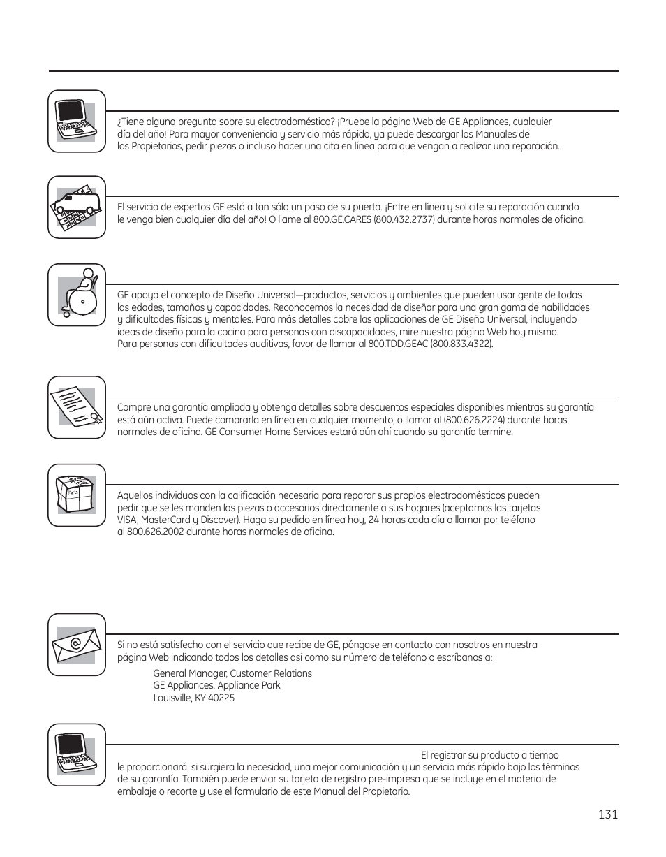 Servicio al consumidor, Solicite una reparación, Garantías ampliadas | Piezas y accesorios, Póngase en contacto con nosotros, Registre su electrodoméstico | GE 200D8074P050 User Manual | Page 131 / 132