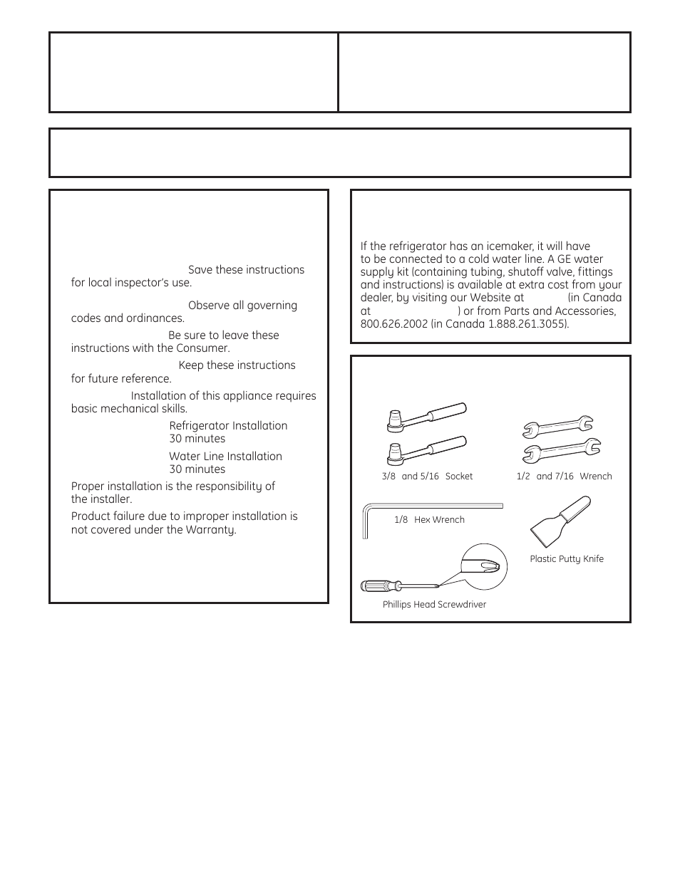 Preparing to install the refrigerator, Installation refrigerator instructions, Important | GE 200D8074P050 User Manual | Page 23 / 132