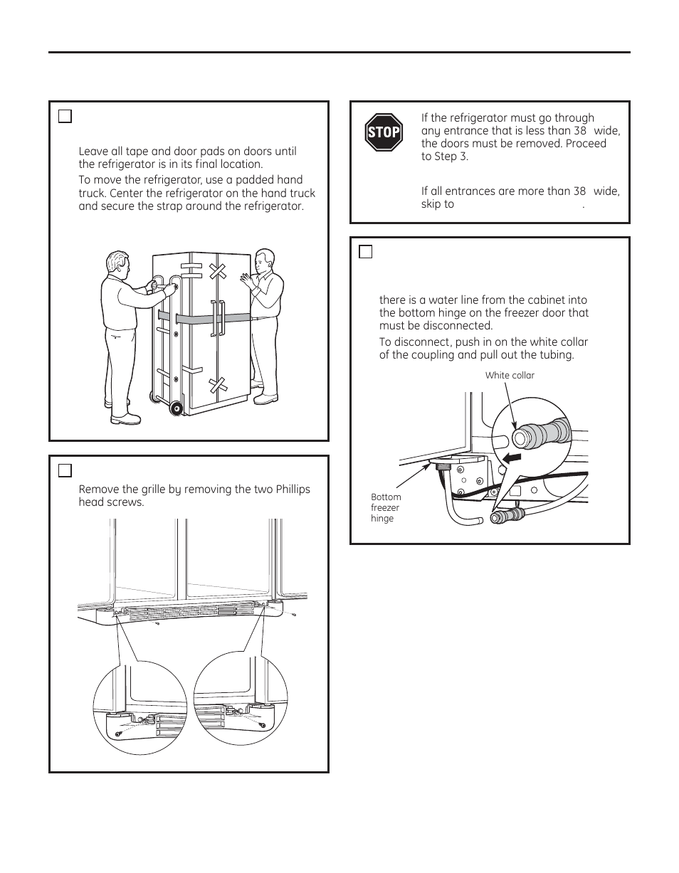 Moving the refrigerator, Installation instructions, Loading the rerigerator onto a hand truck | Remove the base grille, Disconnect the water coupling (on some models) | GE 200D8074P050 User Manual | Page 24 / 132