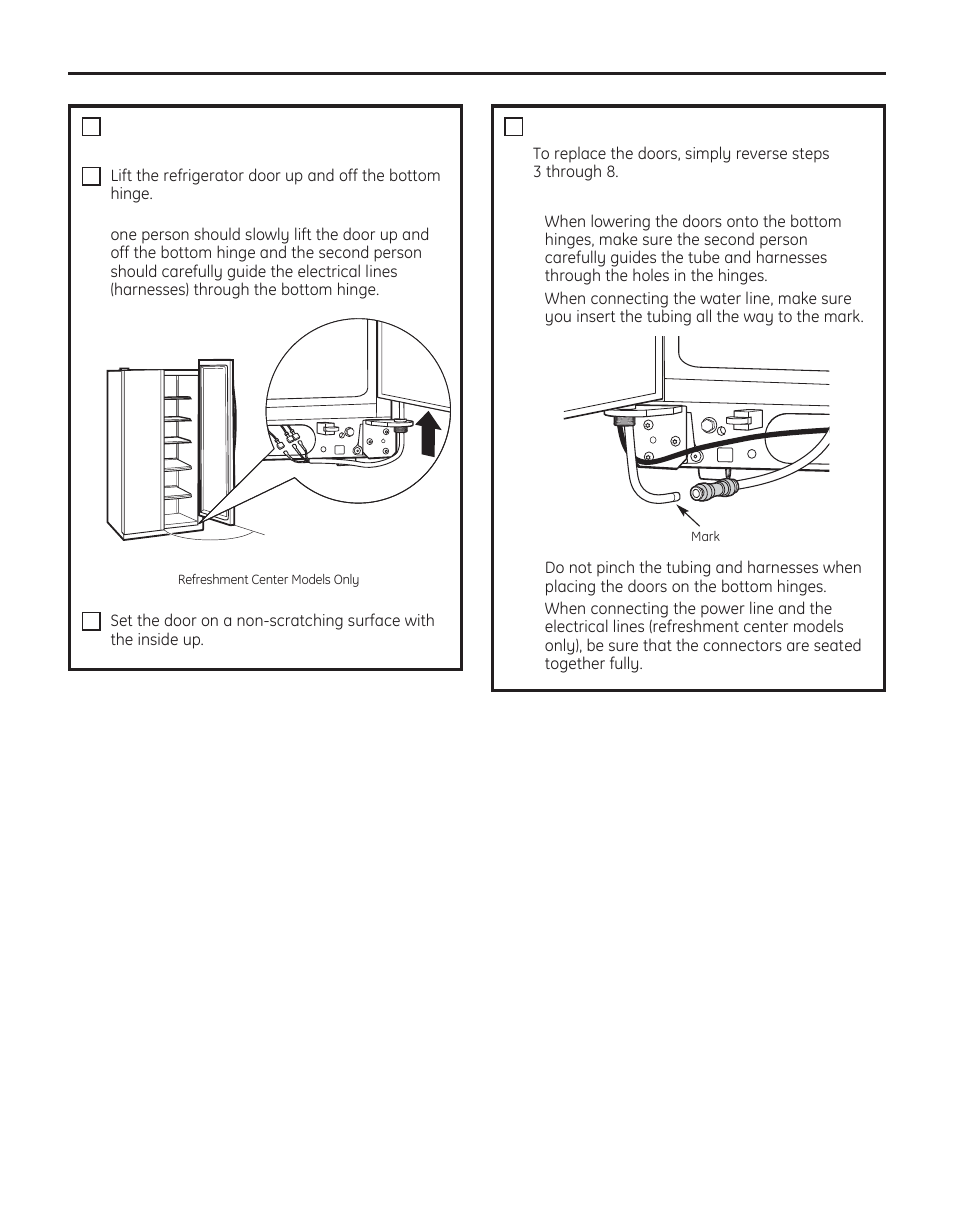 Installation instructions, Remove the refrigerator door (cont.), Replacing the doors | GE 200D8074P050 User Manual | Page 27 / 132