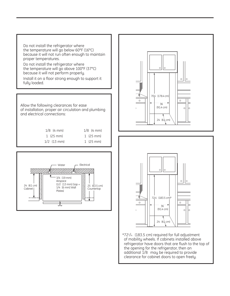 Installation instructions, Installing the refrigerator, Dimensions and specifications (for 23‘ customstyle | Models) dimensions and specifications, Refrigerator location, Clearances, Dimensions and specifications (for 25‘ customstyle, Models) | GE 200D8074P050 User Manual | Page 28 / 132