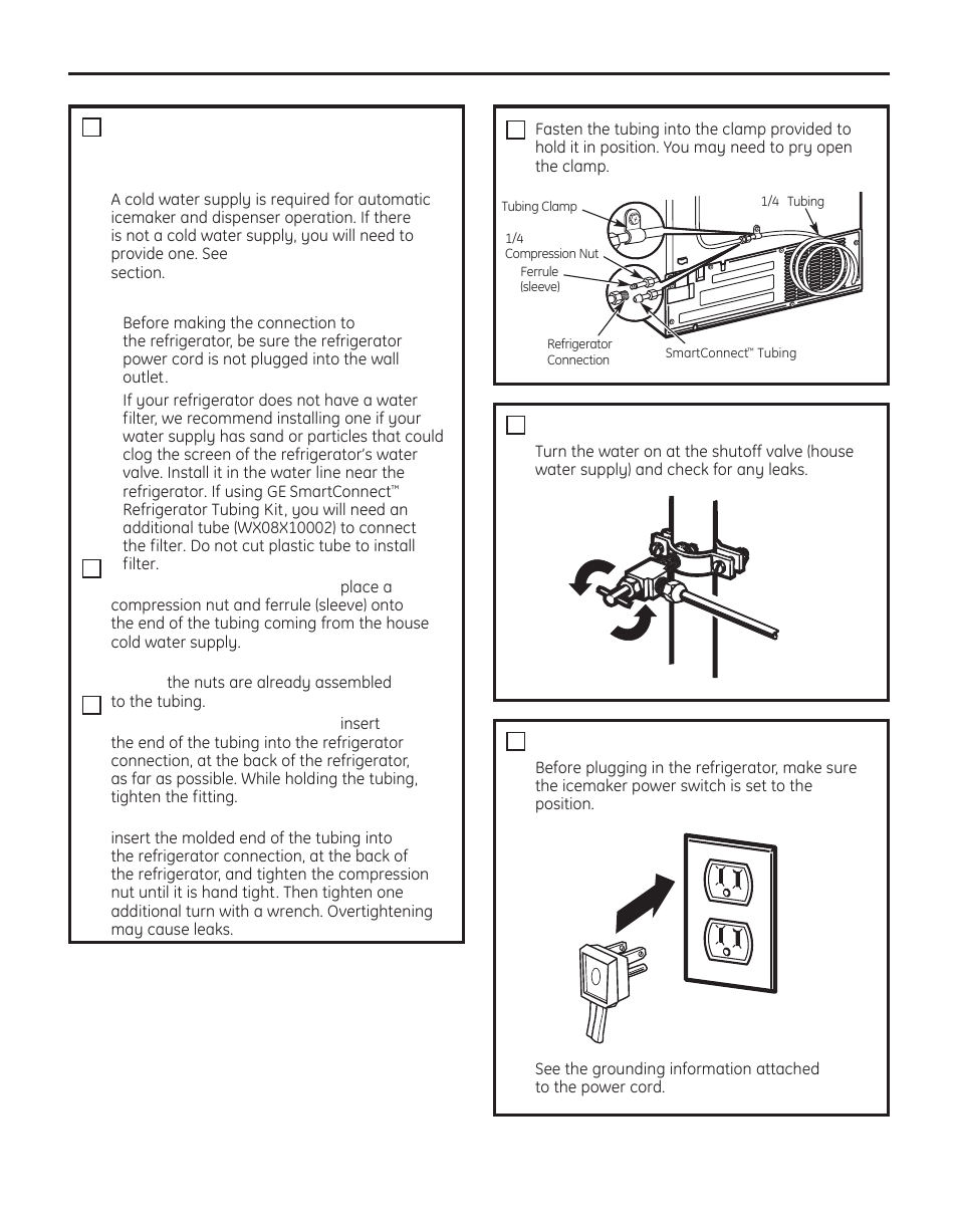 Installation instructions, Turn on the water supply, Plug in the refrigerator | GE 200D8074P050 User Manual | Page 29 / 132