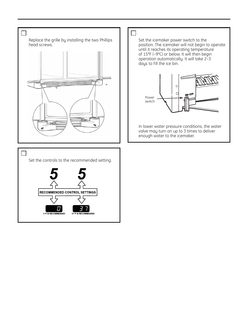 Installation instructions, Replace the base grille, Set the controls | Start the icemaker | GE 200D8074P050 User Manual | Page 31 / 132