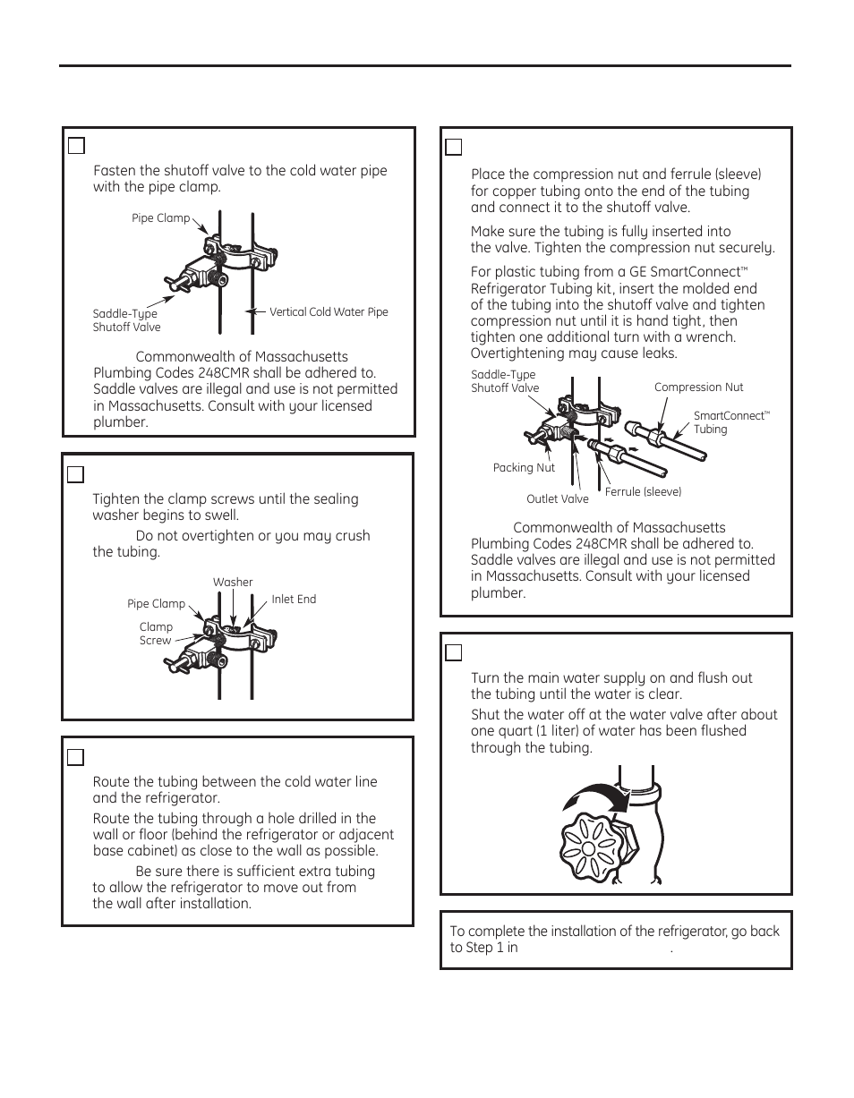 Installing the water line, Installation instructions, Connect the tubing to the valve | Flush out the tubing, Cont.), Fasten the shutoff valve, Tighten the pipe clamp, Route the tubing | GE 200D8074P050 User Manual | Page 34 / 132