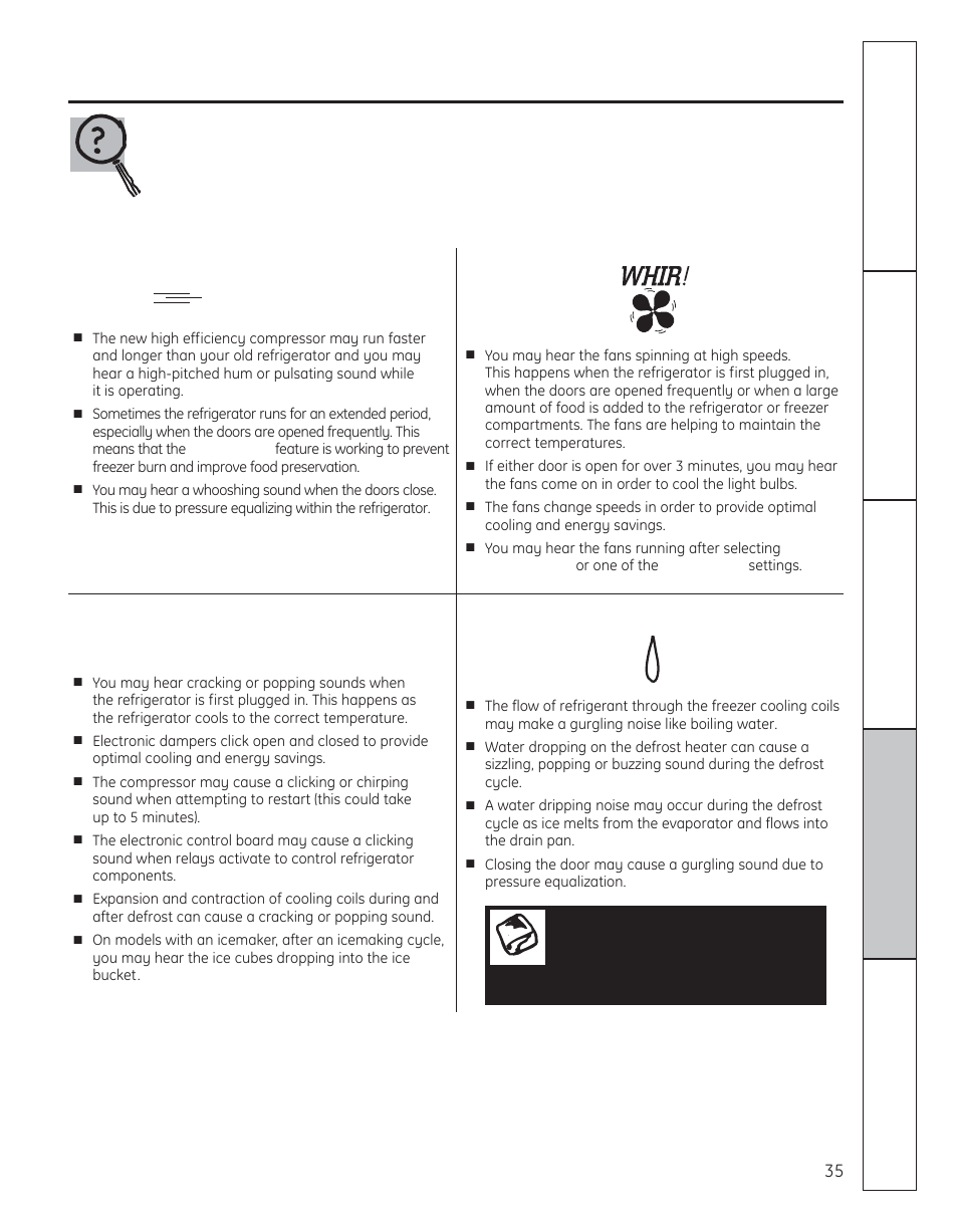 Troubleshooting tips, Normal operating sounds, Hummm... whoosh | Clicks, pops, cracks and chirps, Water sounds, Do you hear what i hear? these sounds are normal | GE 200D8074P050 User Manual | Page 35 / 132