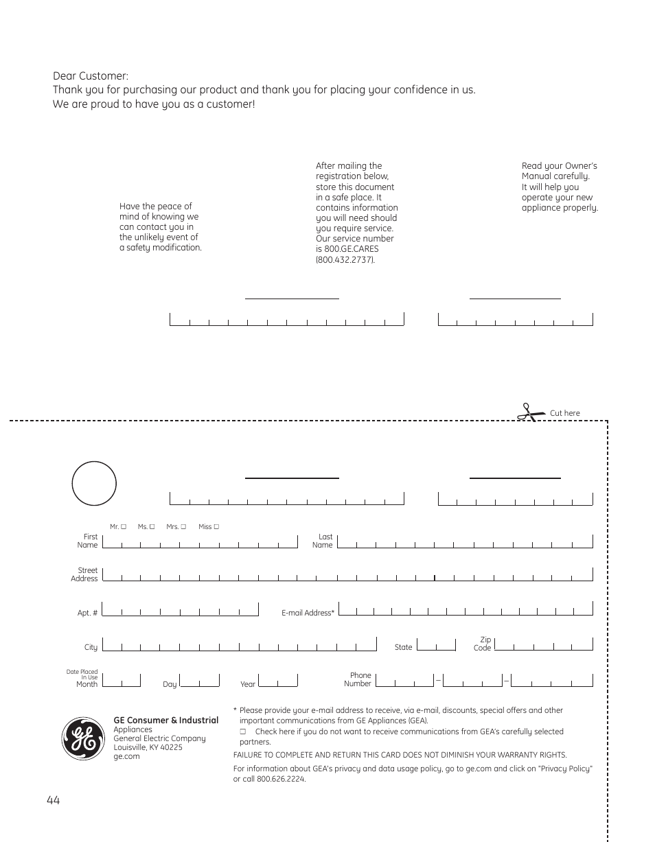 Consumer product ownership registration, Model number serial number | GE 200D8074P050 User Manual | Page 44 / 132