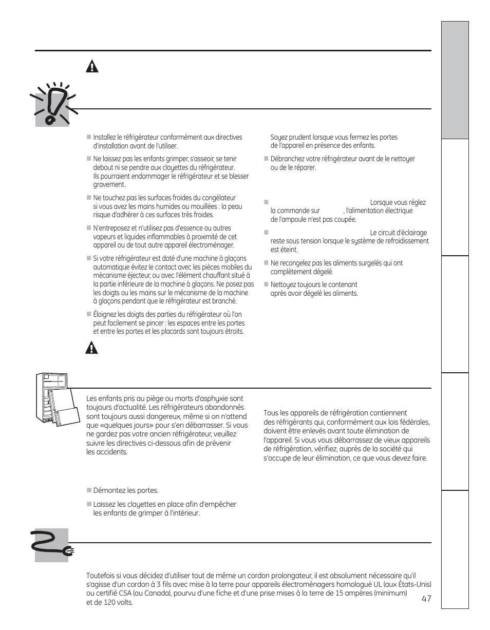 Mesures de sécurité, Avertissement, Danger! risques pour les enfants | Cordons prolongateurs | GE 200D8074P050 User Manual | Page 47 / 132