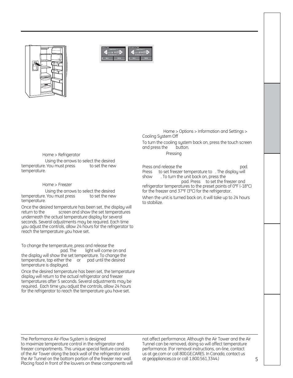 Temperature controls, About the temperature controls, Performance air flow system | GE 200D8074P050 User Manual | Page 5 / 132