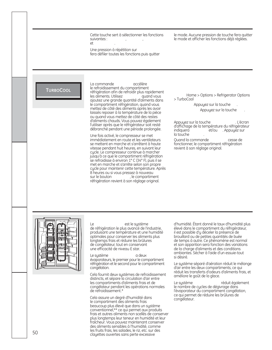 Climatekeeper2, Set features, Turbocool | Au sujet de turbocool, Au sujet de climatekeeper2, Au sujet de set features, Sur certains modèles) | GE 200D8074P050 User Manual | Page 50 / 132