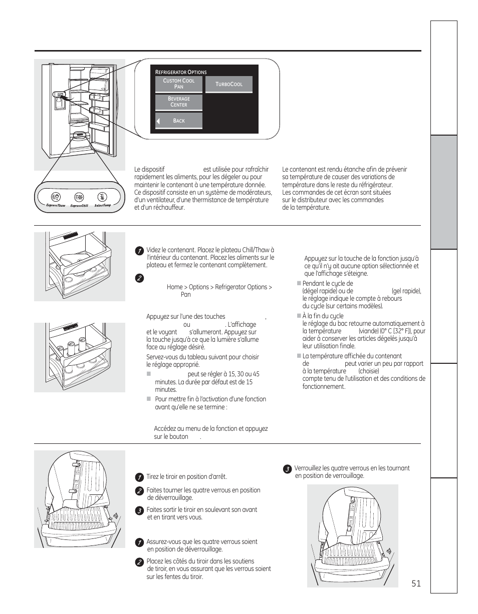 Customcool, Au sujet de customcool, Sur certains modèles) | Utilisation fonctionnement, Pour enlever et replacer le tiroir | GE 200D8074P050 User Manual | Page 51 / 132