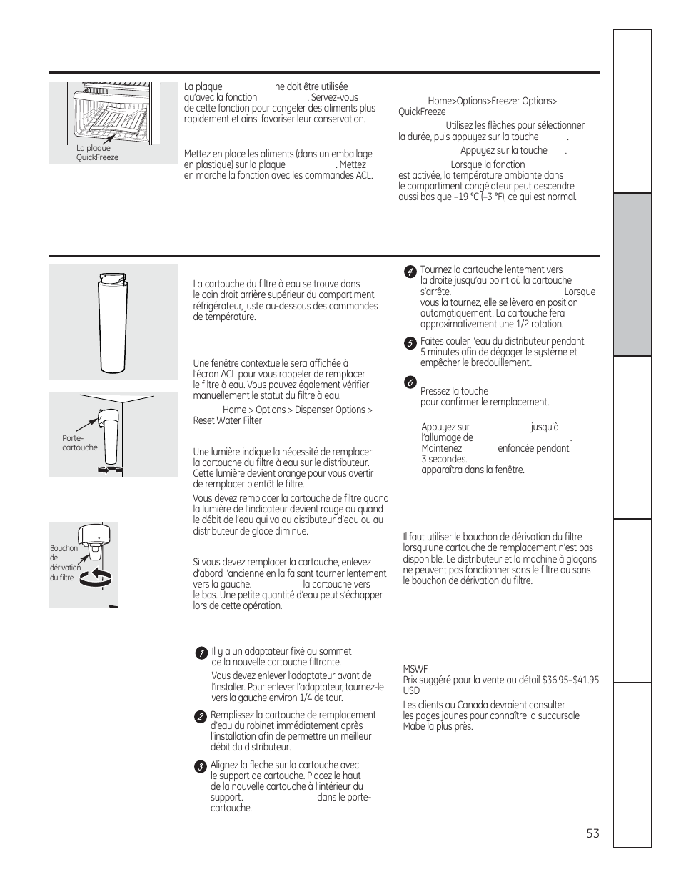 Le filtre à eau, Quickfreeze, La fonction quickfreeze | Sur certains modèles) | GE 200D8074P050 User Manual | Page 53 / 132