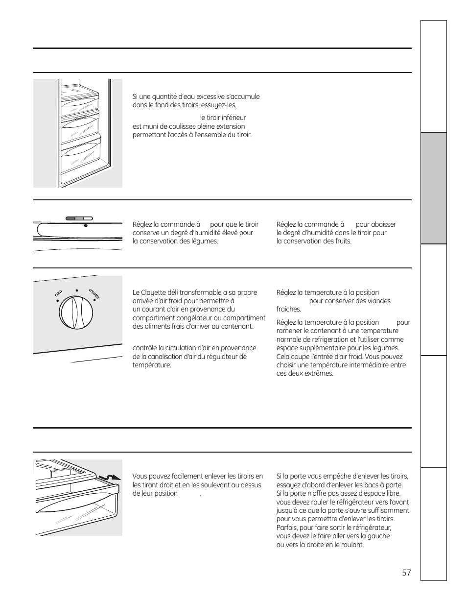 Enlèvement des contenants, Les tiroirs et contenants à légume | GE 200D8074P050 User Manual | Page 57 / 132