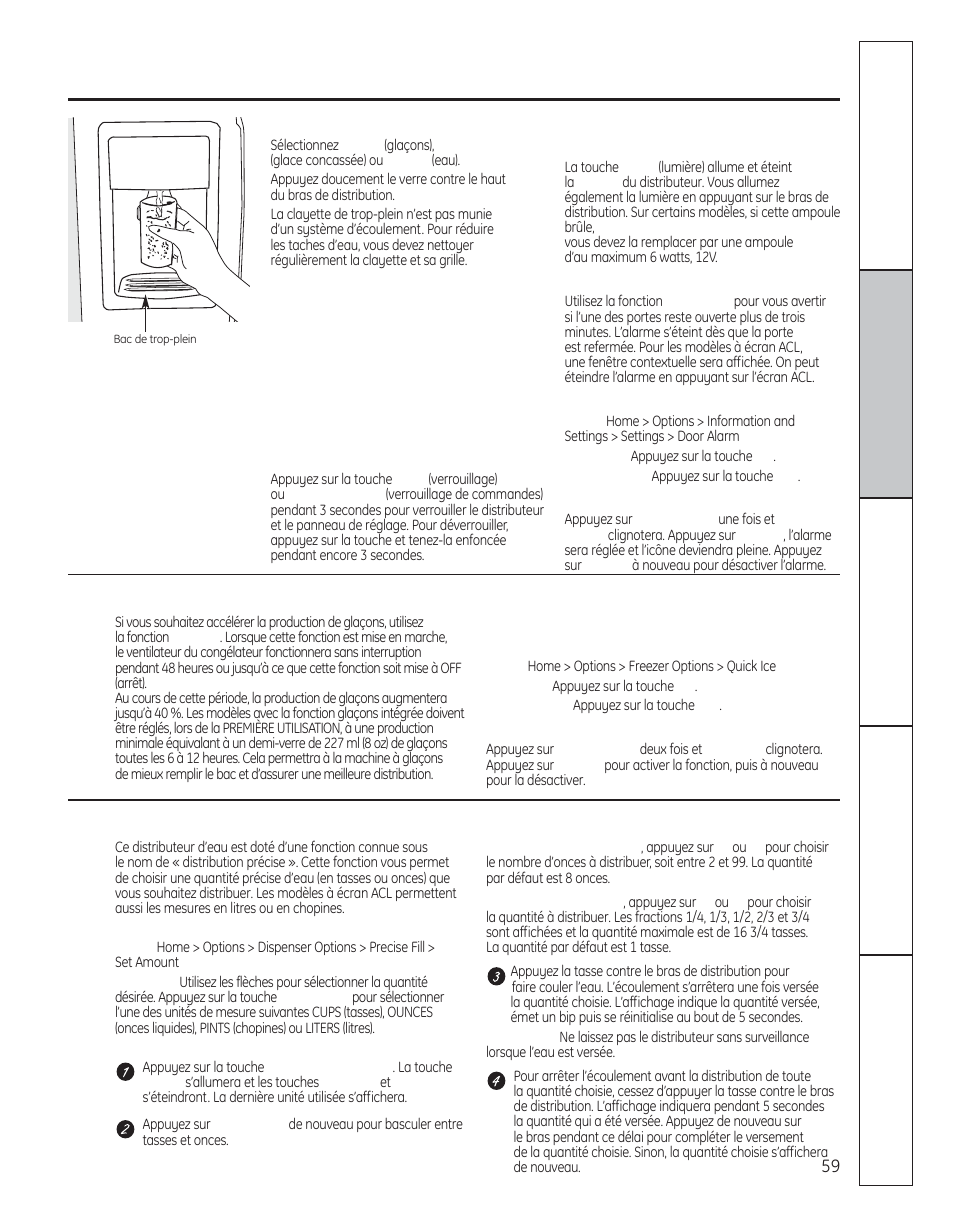 Le distributeur d’eau et de glaçons, Quick ice, Sur certains modèles) | GE 200D8074P050 User Manual | Page 59 / 132