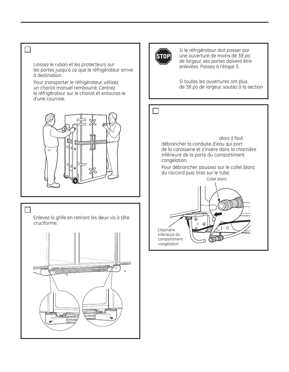 Installation, Déménagement du réfrigérateur, Instructions d’installation | Chargement du réfrigérateur sur un chariot manuel, Enlevez la grille de base | GE 200D8074P050 User Manual | Page 68 / 132