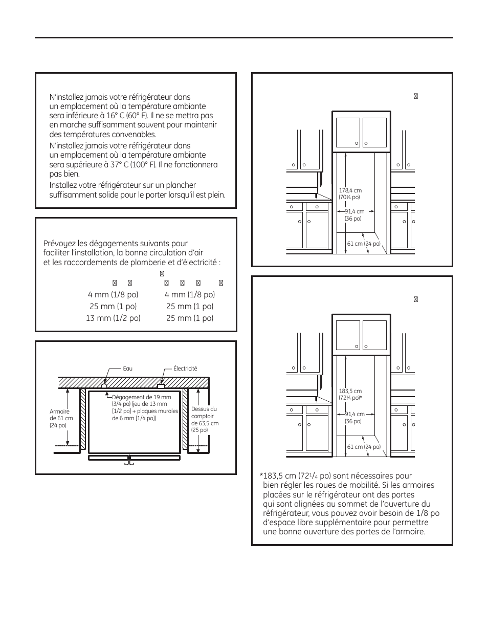 Installation du réfrigérateur, Dimensions et spécifications, Emplacement du réfrigérateur | Dégagements | GE 200D8074P050 User Manual | Page 72 / 132