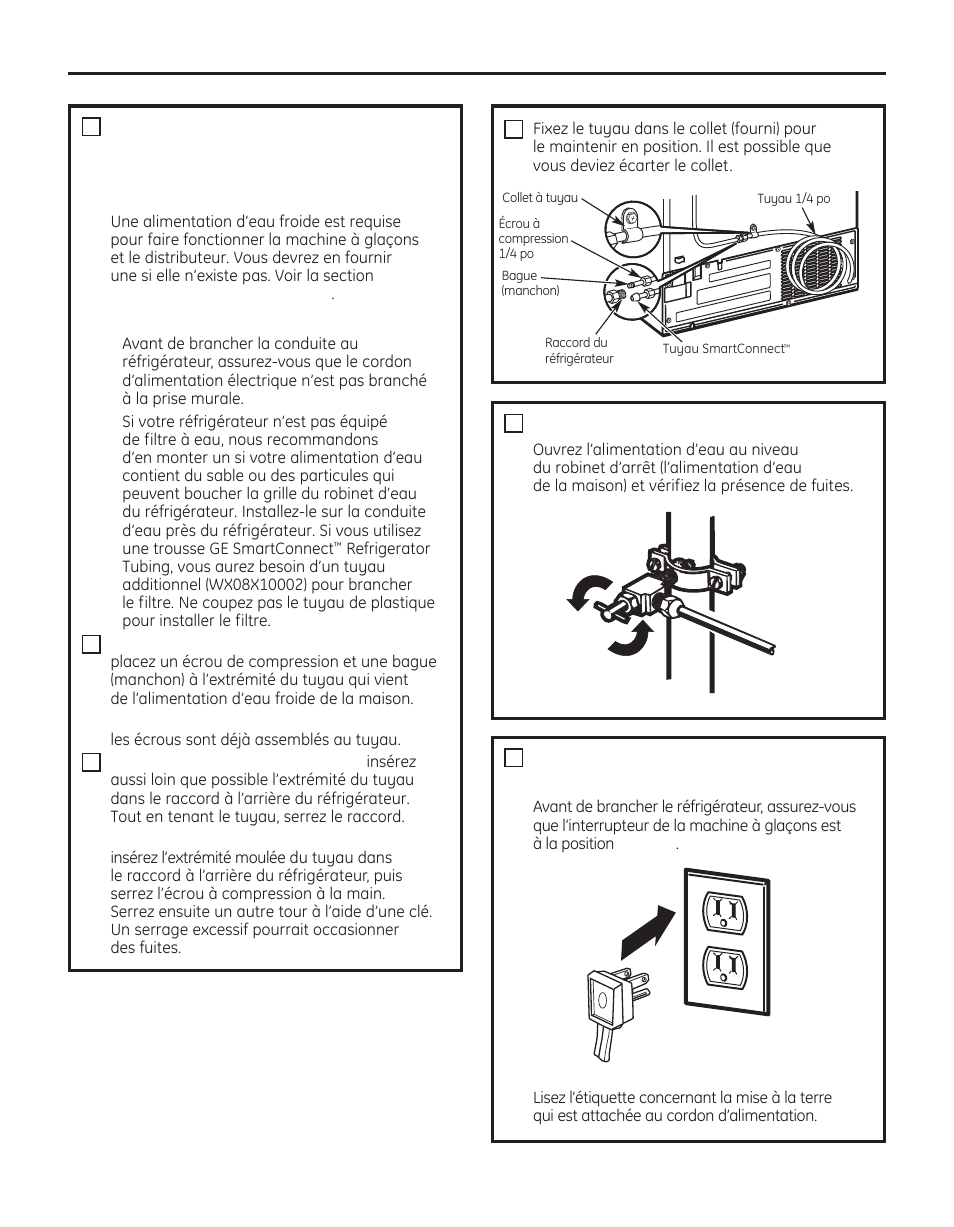 Instructions d’installation, Ouvrez l’alimentation d’eau, Branchez le cordon du réfrigérateur dans la prise | GE 200D8074P050 User Manual | Page 73 / 132