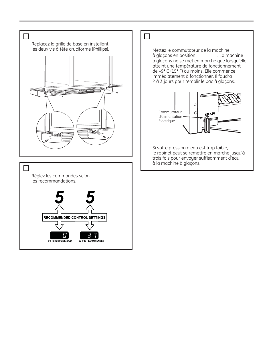 Instructions d’installation, Replacez la grille de base, Réglez les commandes | Mettez en marche la machine à glaçons | GE 200D8074P050 User Manual | Page 75 / 132