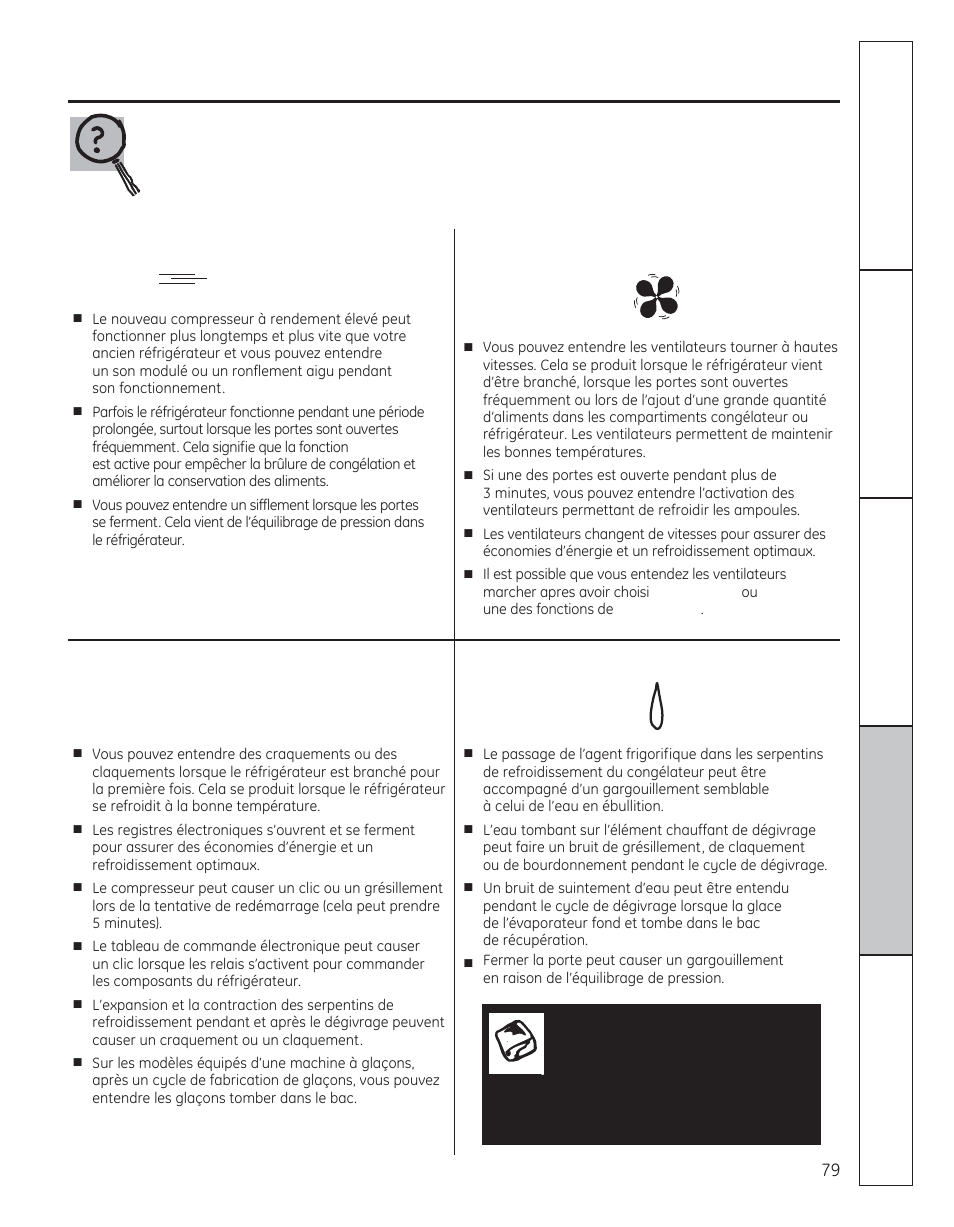 Conseils de dépannage, Bruits normaux de fonctionnement, Hummm... ouuch | Clics, claquements, craquements et grésillements, Bruits d’eau, Ouir | GE 200D8074P050 User Manual | Page 79 / 132