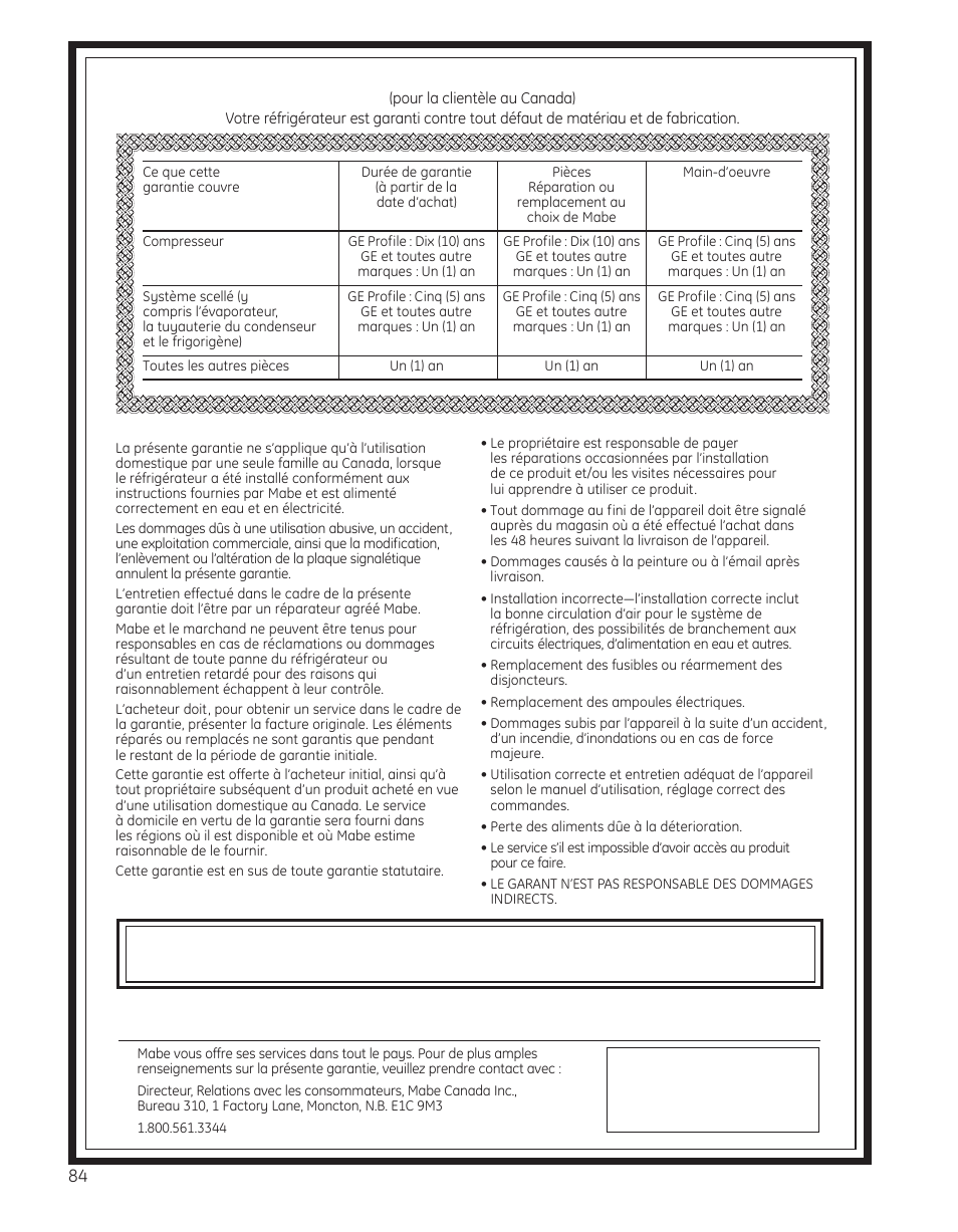 Garantie pour la clientèle au canada, Garantie du client | GE 200D8074P050 User Manual | Page 84 / 132
