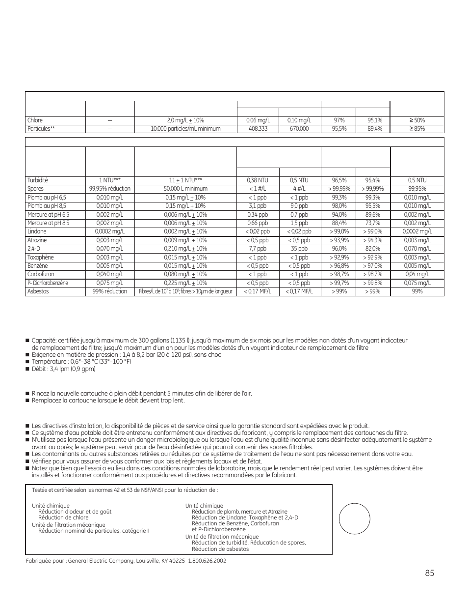 Soutien au consommateur, Feuillet de données relatives à la performance | GE 200D8074P050 User Manual | Page 85 / 132