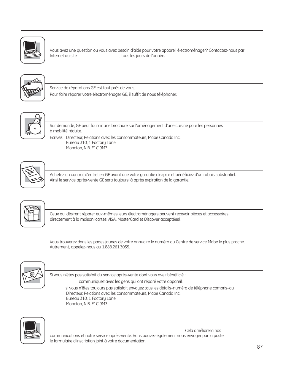 Soutien au consommateur, Service de réparations, Studio de conception réaliste | Prolongation de garantie, Pièces et accessoires, Contactez-nous, Inscrivez votre appareil électroménager | GE 200D8074P050 User Manual | Page 87 / 132