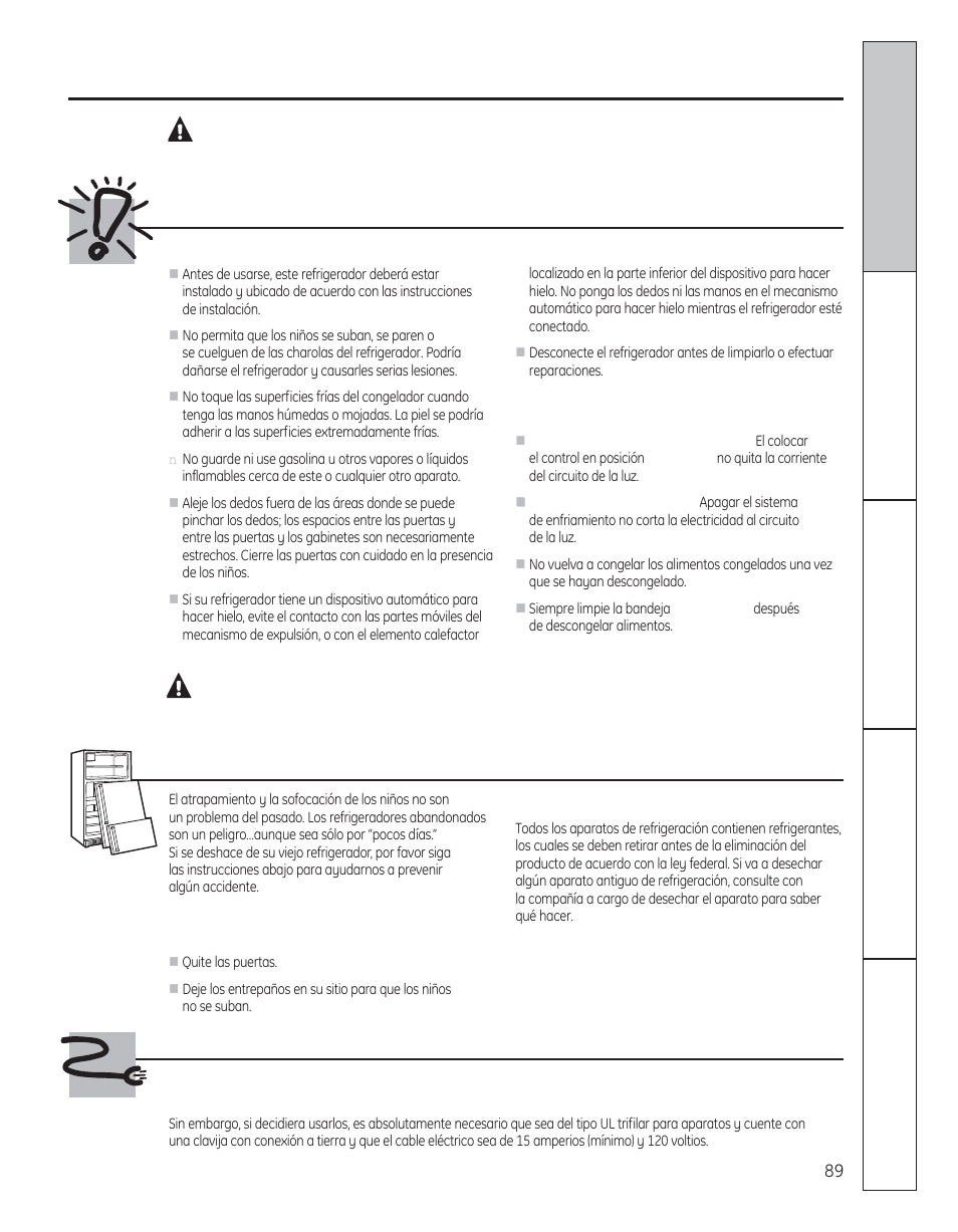 Informacion de seguridad, Advertencia, Precauciones de seguridad | Deshacerse debidamente de su refrigerador, Uso de cables de extension | GE 200D8074P050 User Manual | Page 89 / 132