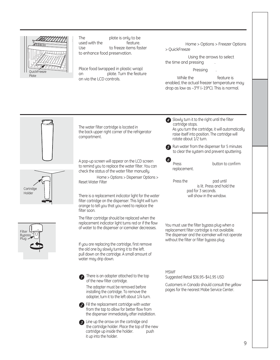 Quickfreeze, Water filter, About quickfreeze | About the water filter, On some models) | GE 200D8074P050 User Manual | Page 9 / 132