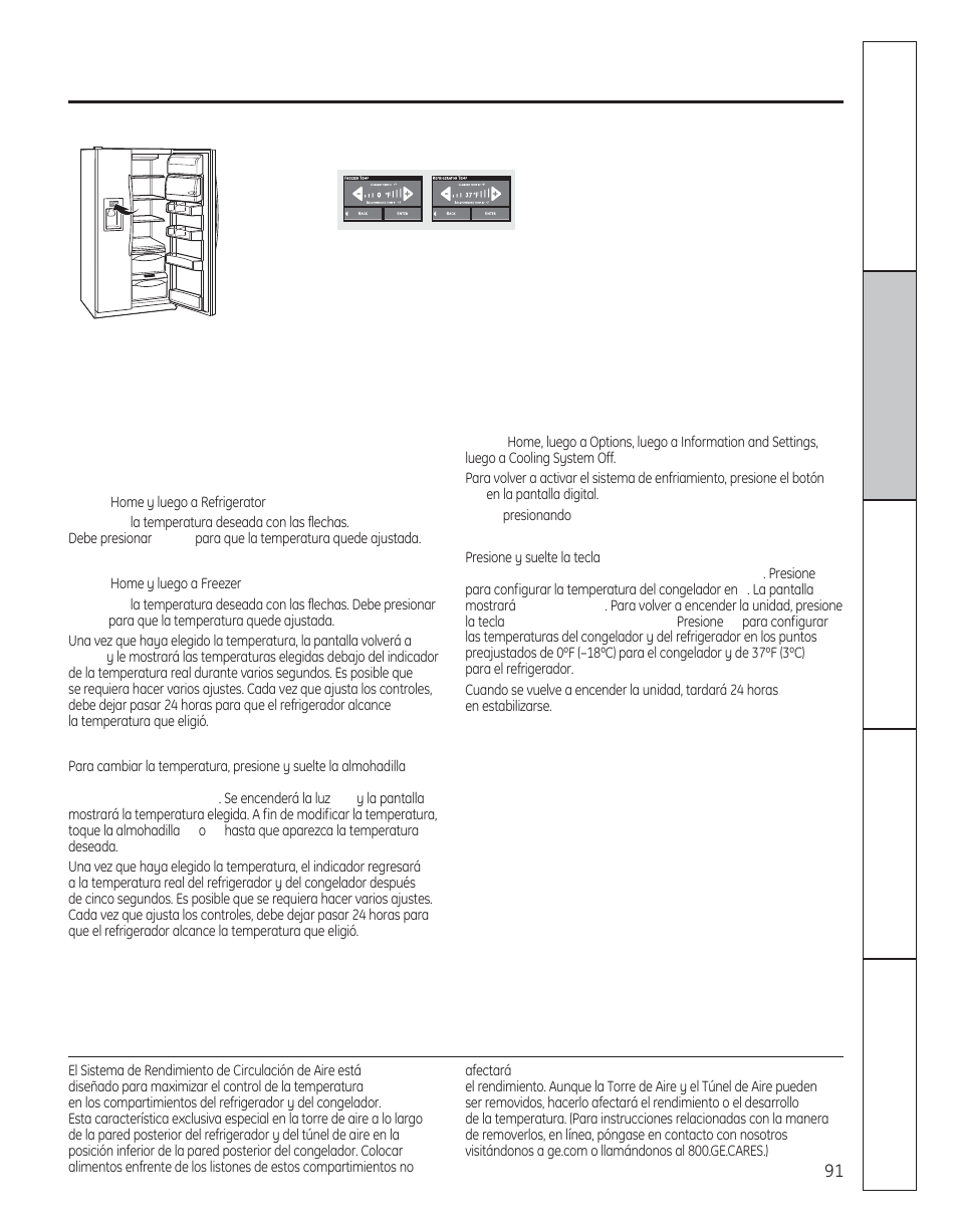 Los controles del refrigerador, Sistema de rendimiento de circulación de aire | GE 200D8074P050 User Manual | Page 91 / 132